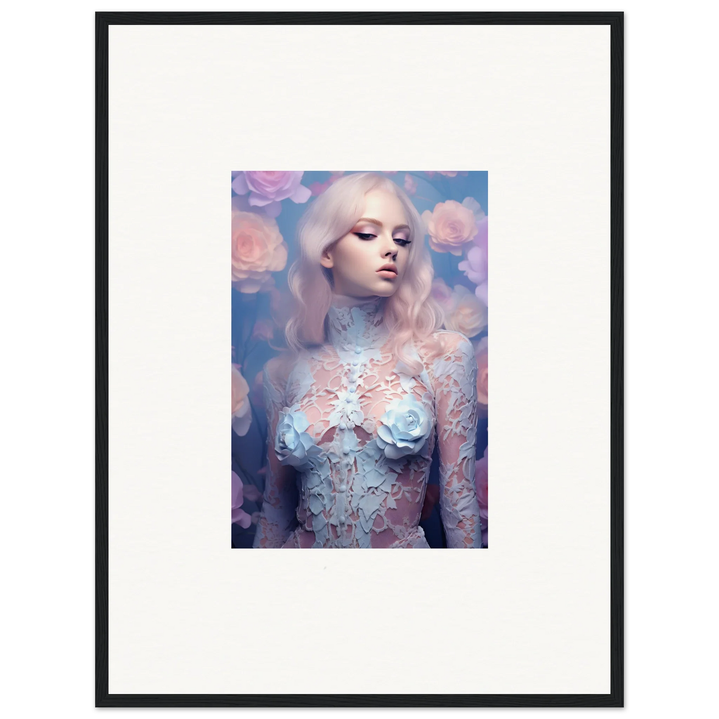 Framed wall art featuring a pale figure in petal vapor pastel colors for room decor