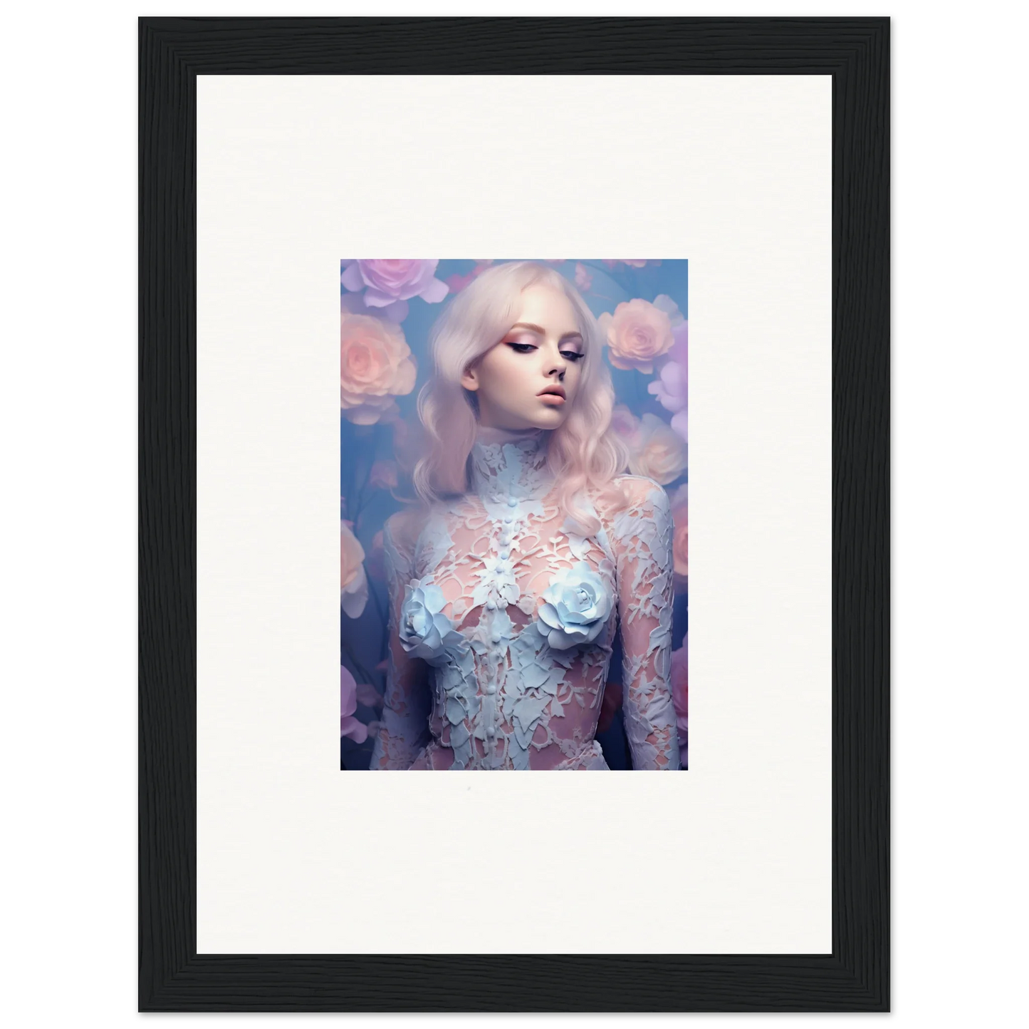 Framed wall art featuring Petal Vapor design with floral-inspired pastel background