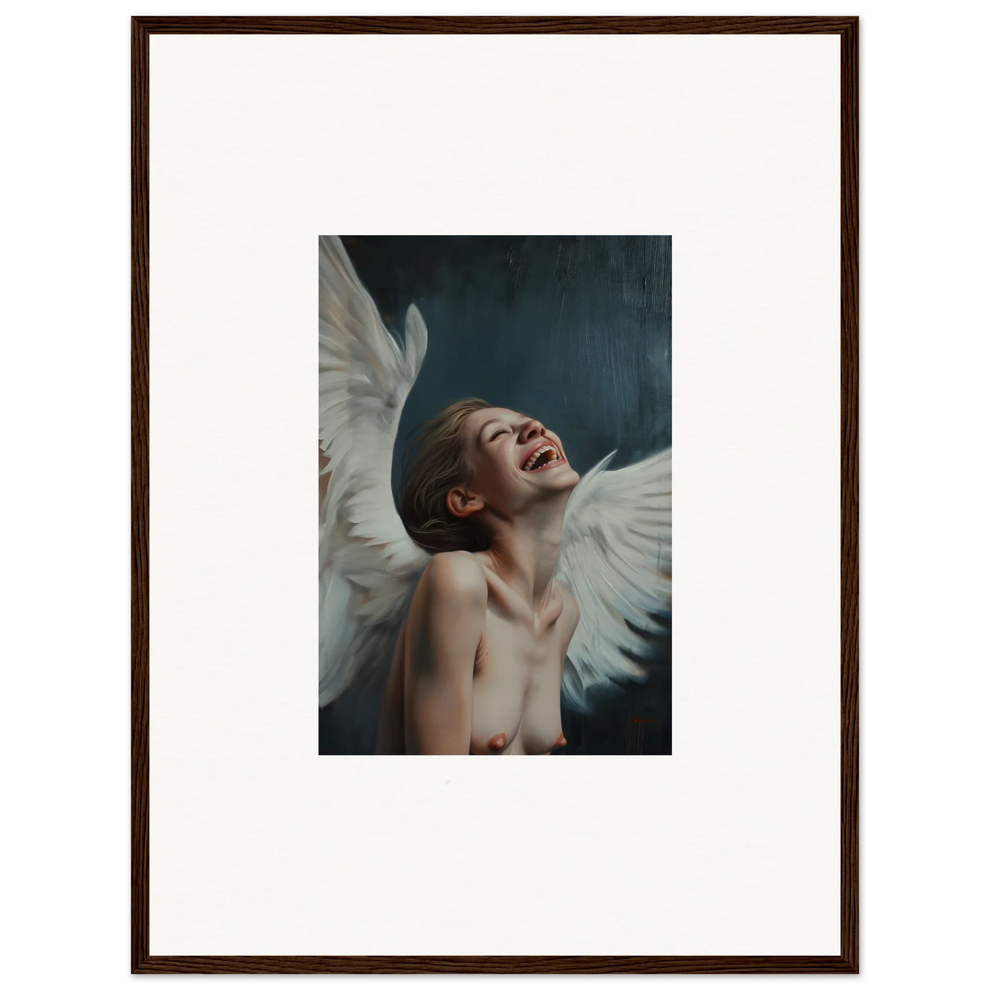 Joyful person with angel wings in Framed Wall Art, perfect for Room Decor and Wing Time