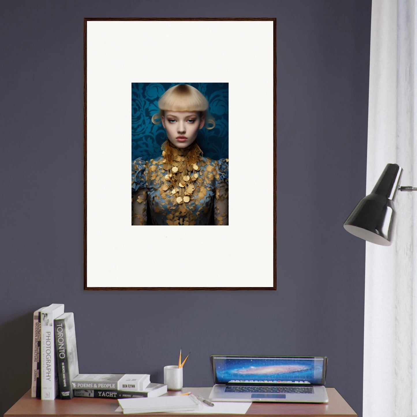 Framed wall art of a blonde adorned with golden flowers on a blue background, delicate blossom decor