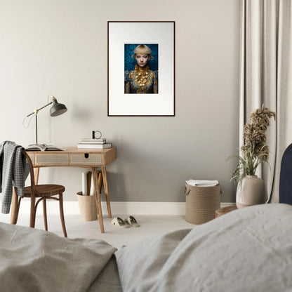 Framed wall art of a person with blonde hair, gold jewelry, and a delicate blossom theme