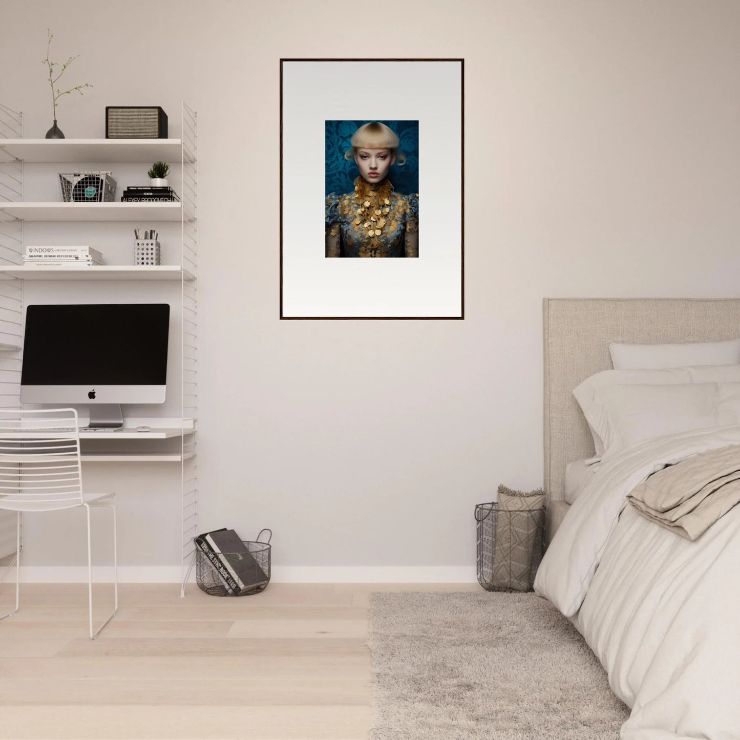 Framed wall art of a blonde person with golden accents on blue for delicate blossom room decor