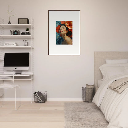 Framed wall art of a person with closed eyes in vibrant colors for room decor