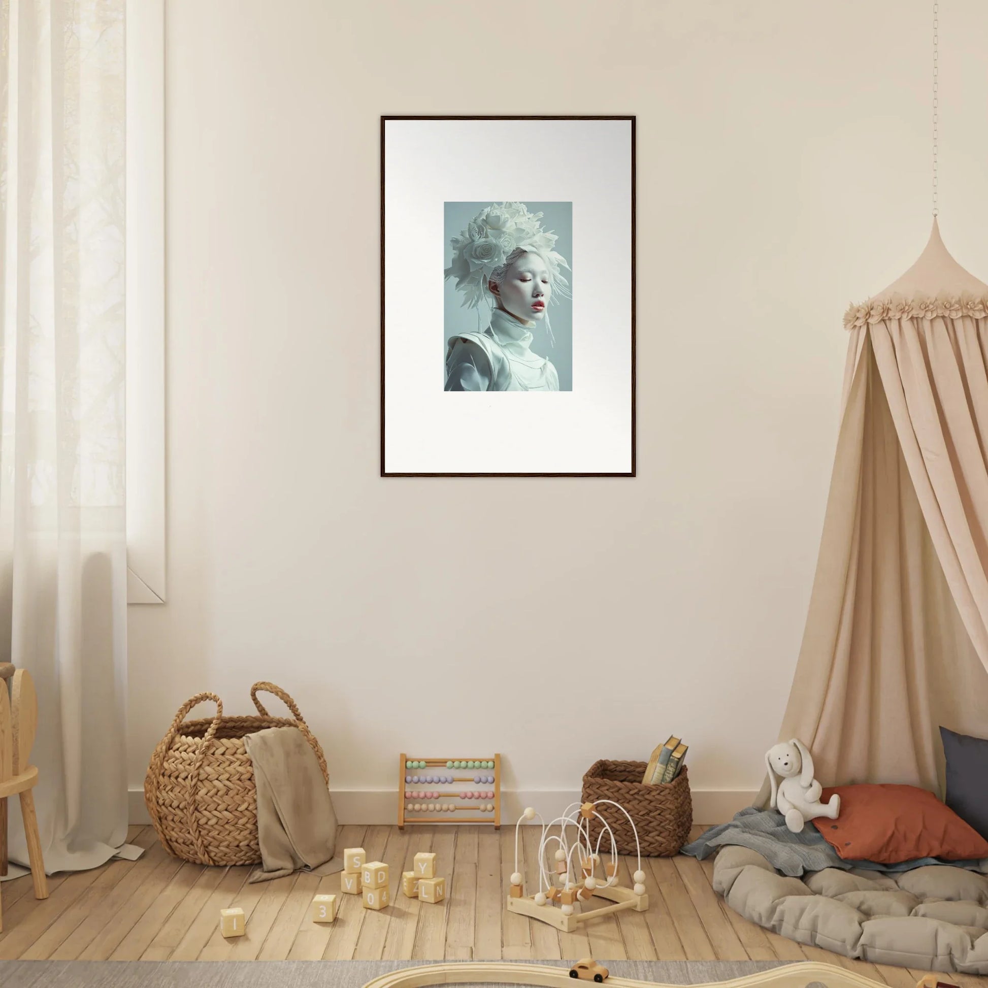 Framed wall art of a contemplative person, perfect for unique room decor as a florid creature