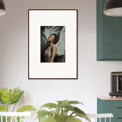 Framed wall art featuring a person with dramatic white feathered elegance wings