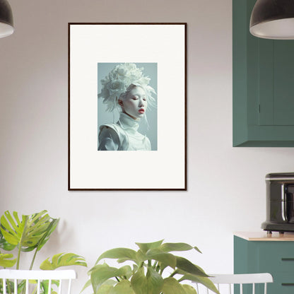 Framed wall art of a person with a white headdress, unique florid creature room decor