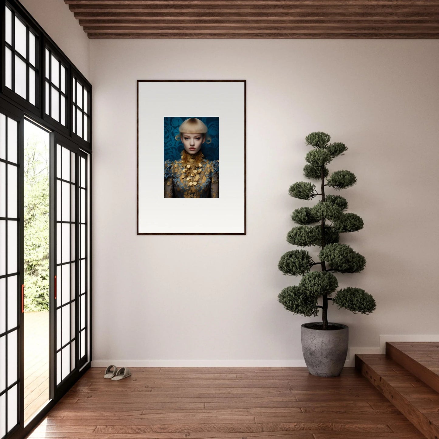 Framed wall art of a person with golden face paint and delicate blossom backdrop