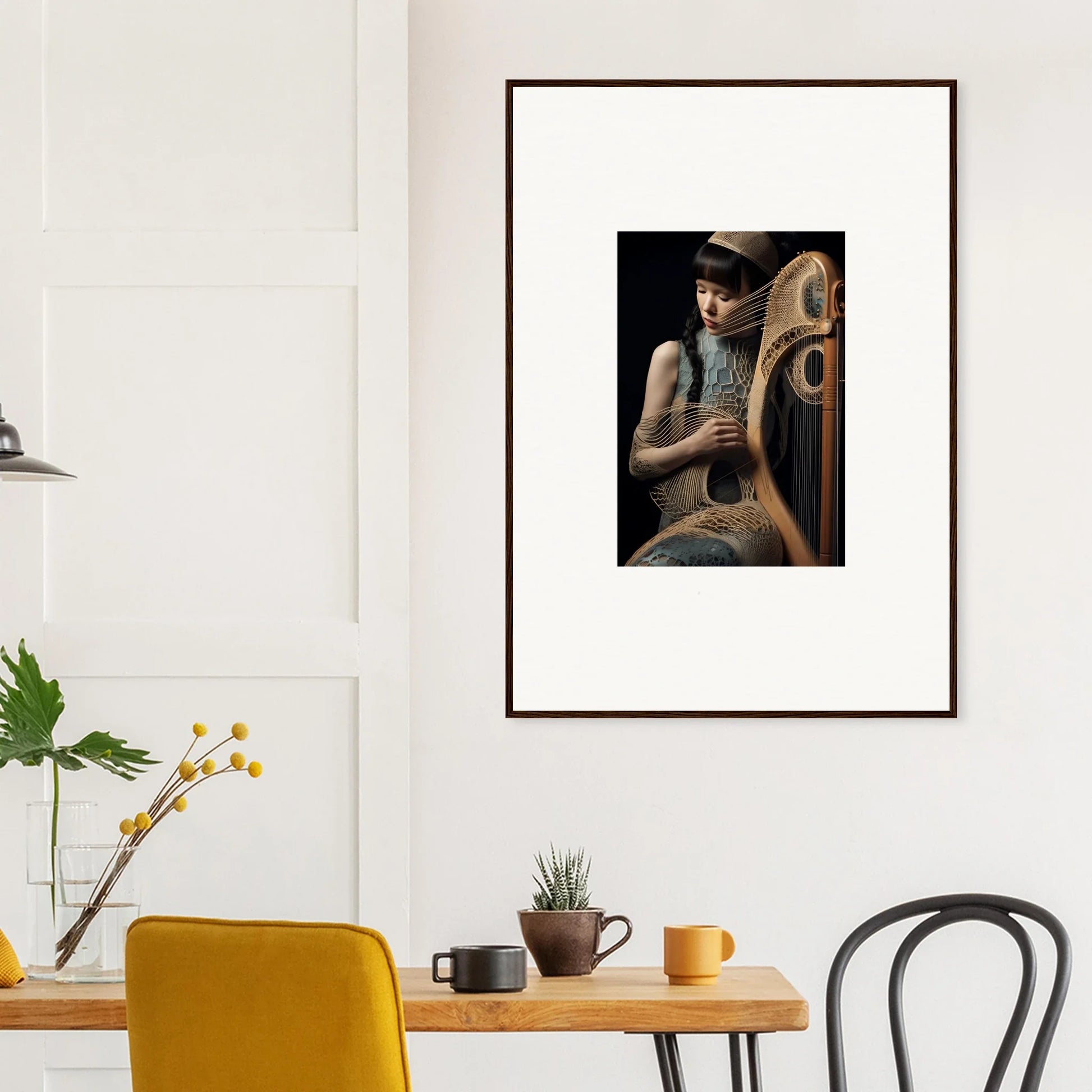 Framed wall art of a person with a harp-like instrument, Velvet Fantasia decor