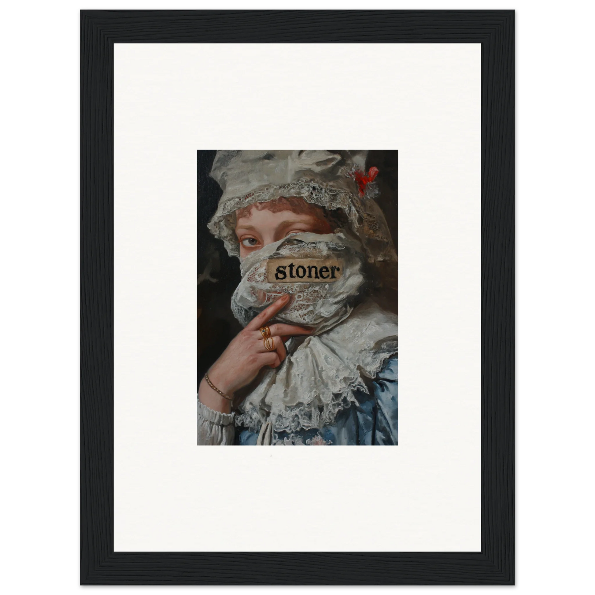 Framed wall art of a historical figure in dress, marked with the word stoner, marvel muse