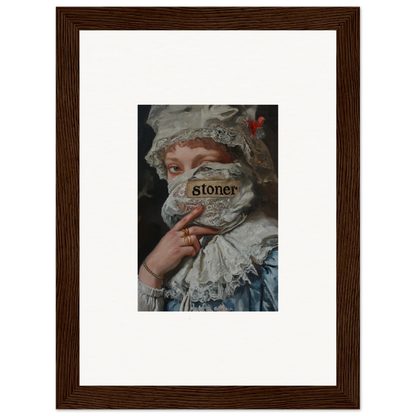 Framed wall art of a historical figure with ’stoner’ text for unique room decor