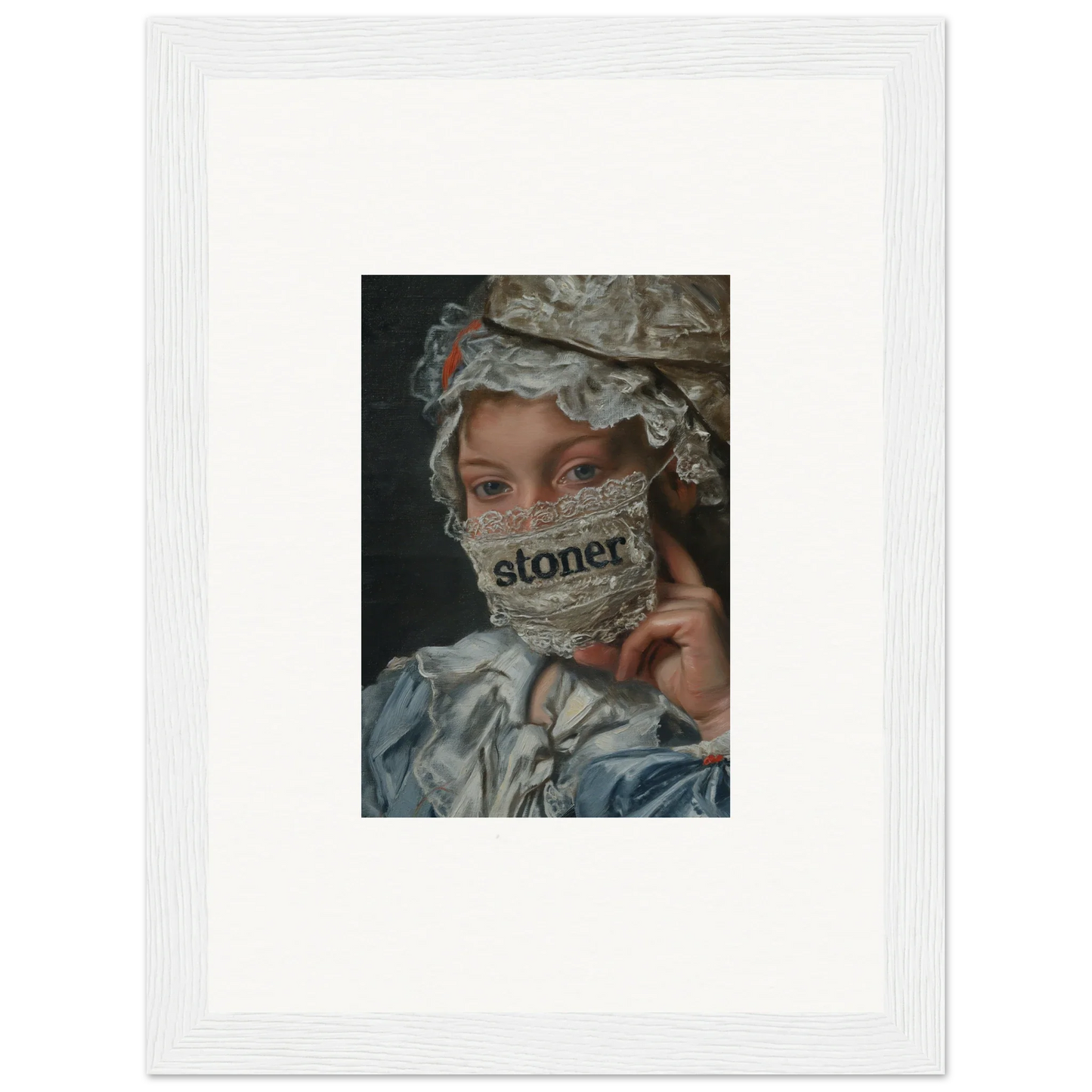 Framed wall art of a historical figure in dress and mask, representing Metamorphose Bliss