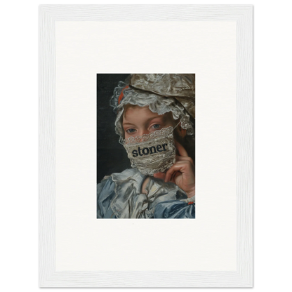 Framed wall art of a historical figure in dress and mask, representing Metamorphose Bliss