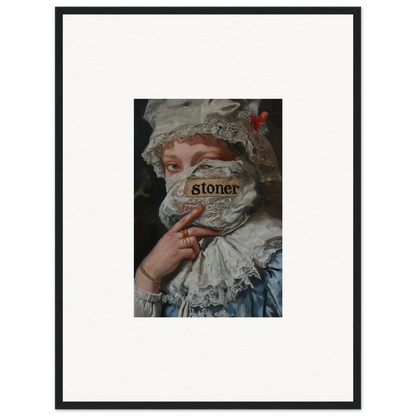 Framed wall art of a historical figure with stoner text, perfect for Marvel Muse decor