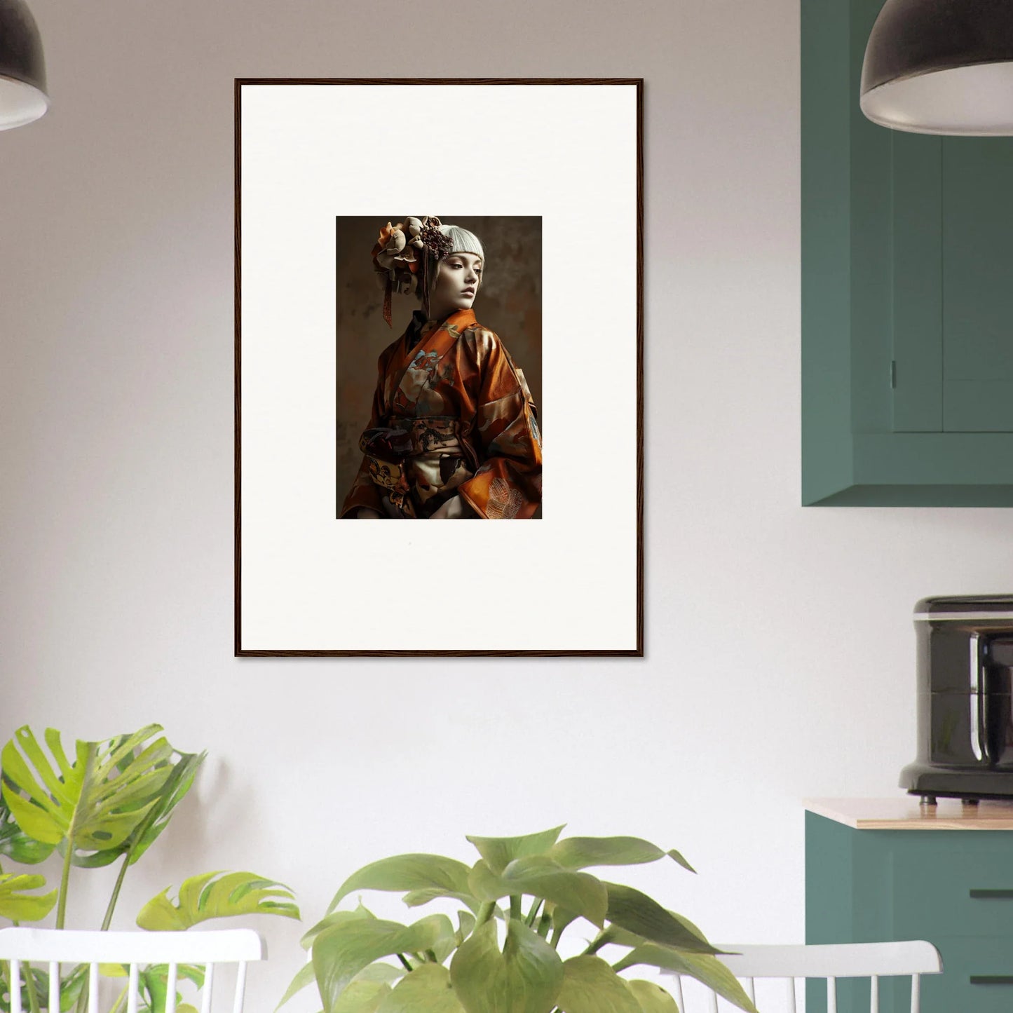 Framed wall art of a person in orange robe, embodying shadows whispering aesthetic