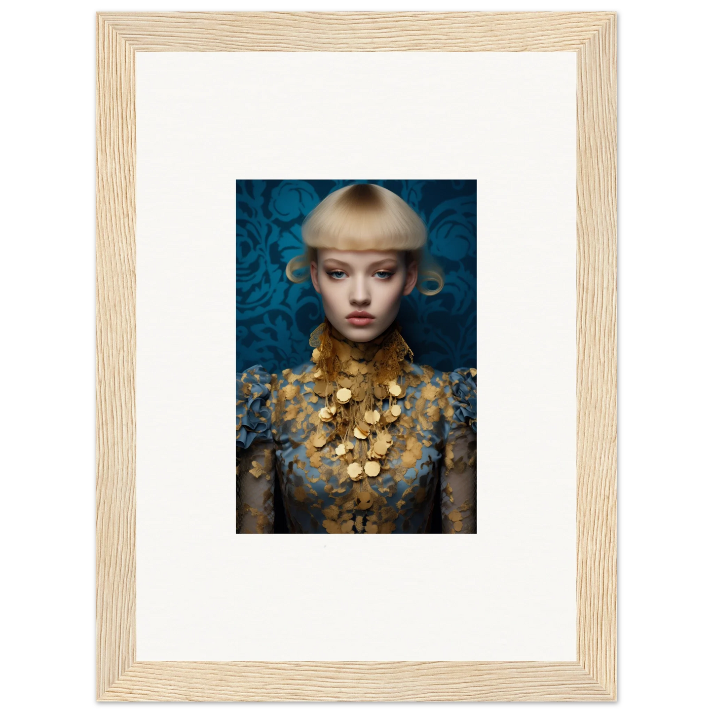 Framed wall art featuring a person in a gold necklace against a blue background