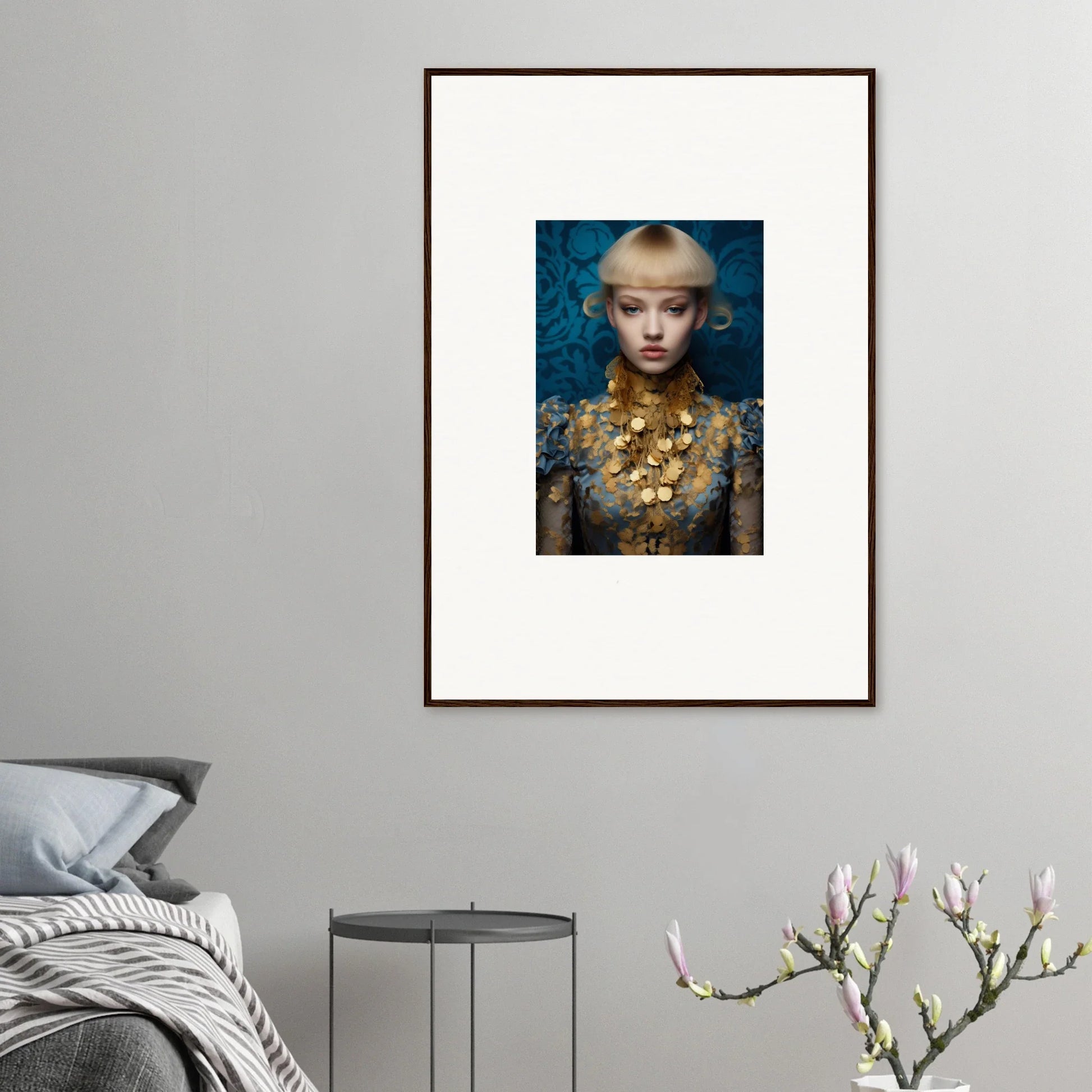 Framed wall art of a person in gold jewelry, vibrant blue background, delicate blossom theme