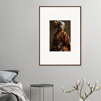 Framed wall art of person in ornate kimono, enhancing room decor with shadows whispering