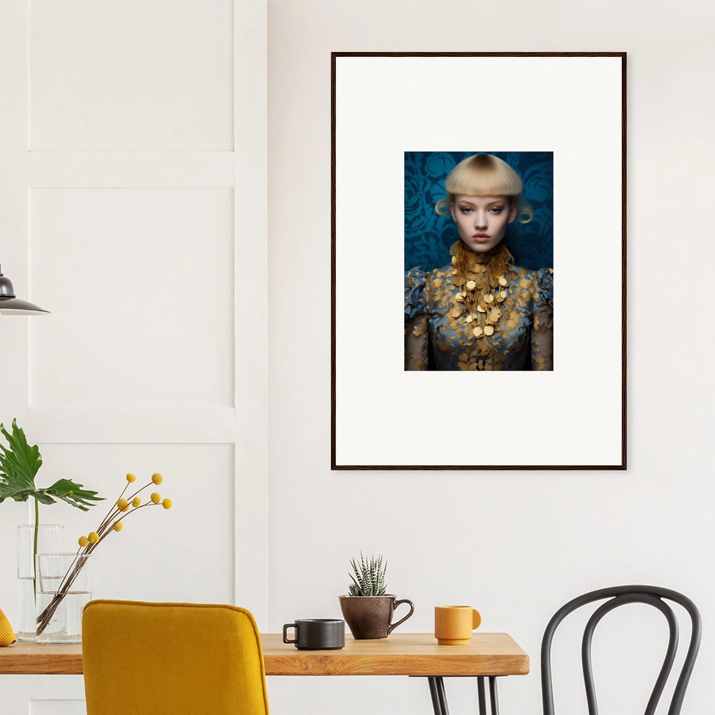 Framed wall art of a person with a gold necklace on a blue background, delicate blossom design