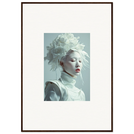 Framed wall art of a pale-skinned person in a white outfit, a unique florid creature