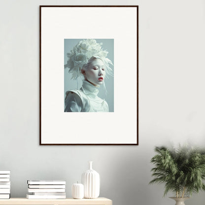 Framed wall art of a pale-skinned person embodies a florid creature design