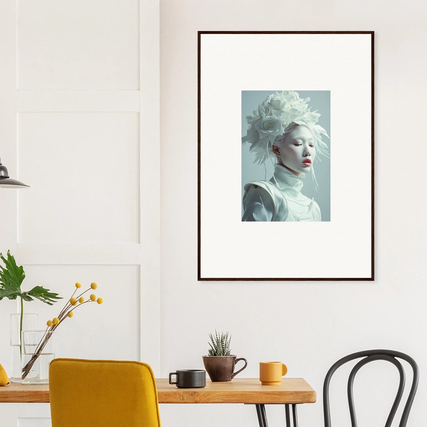 Framed wall art of a florid creature with pale skin and white hair for stylish room decor