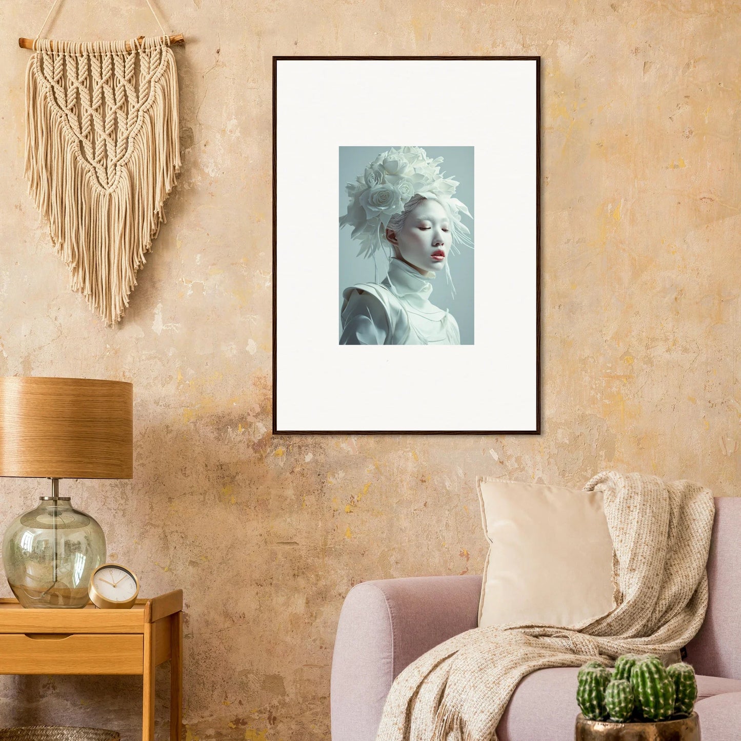 Framed wall art of a pale-skinned person, an elegant florid creature for room decor