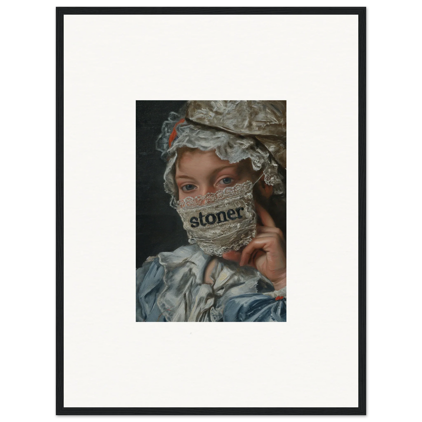 Framed wall art of person in period costume with stoner mask, Metamorphose Bliss decor