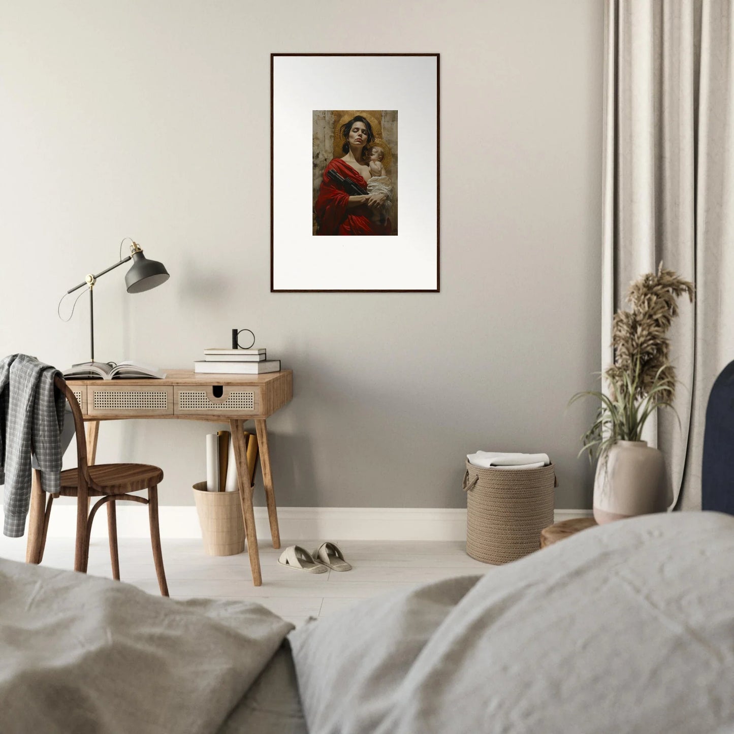 Framed wall art of a person in red clothing, perfect for stylish room decor