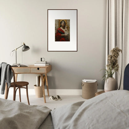 Framed wall art of a person in red clothing, perfect for stylish room decor