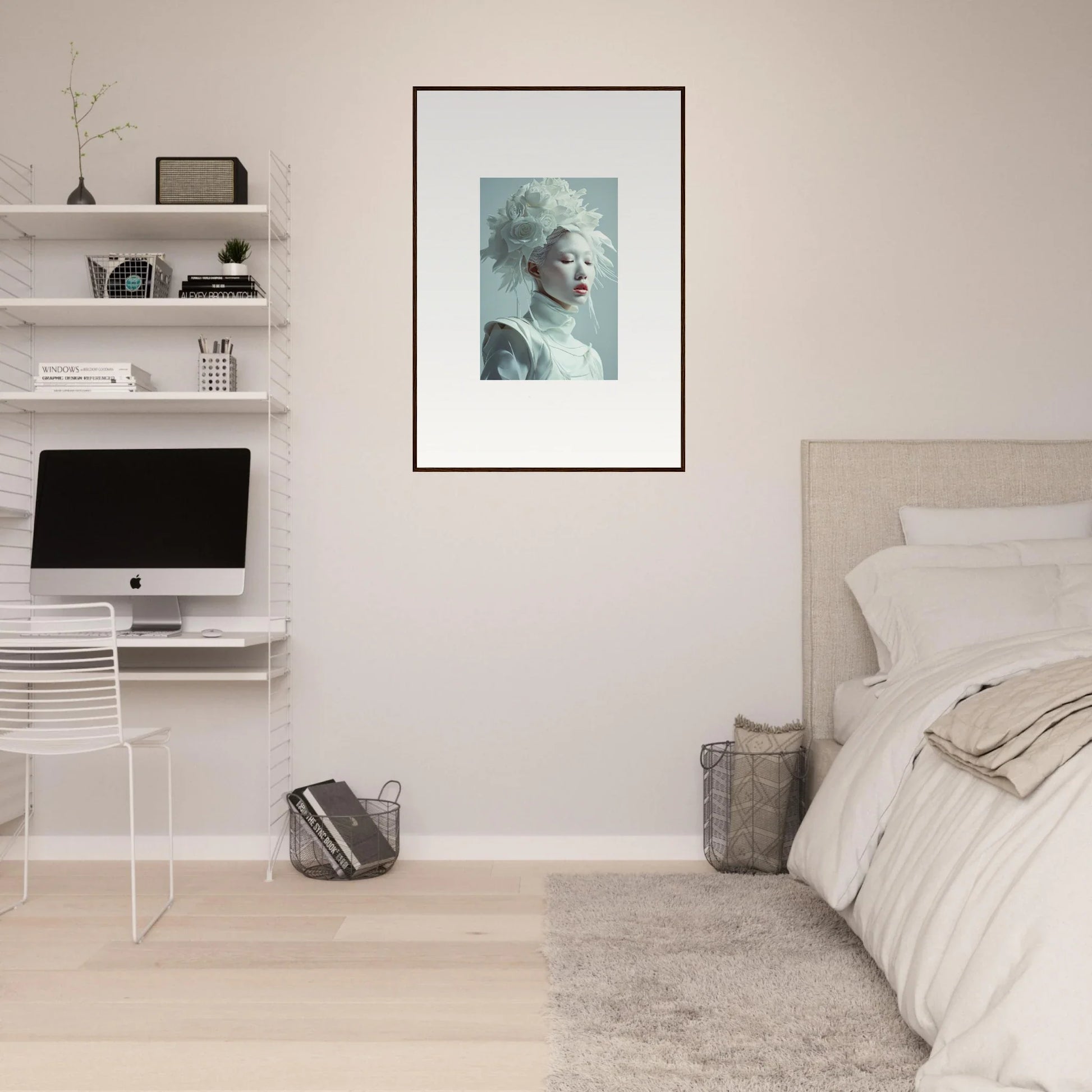 Framed wall art of a serene florid creature in muted blue-green tones for room decor