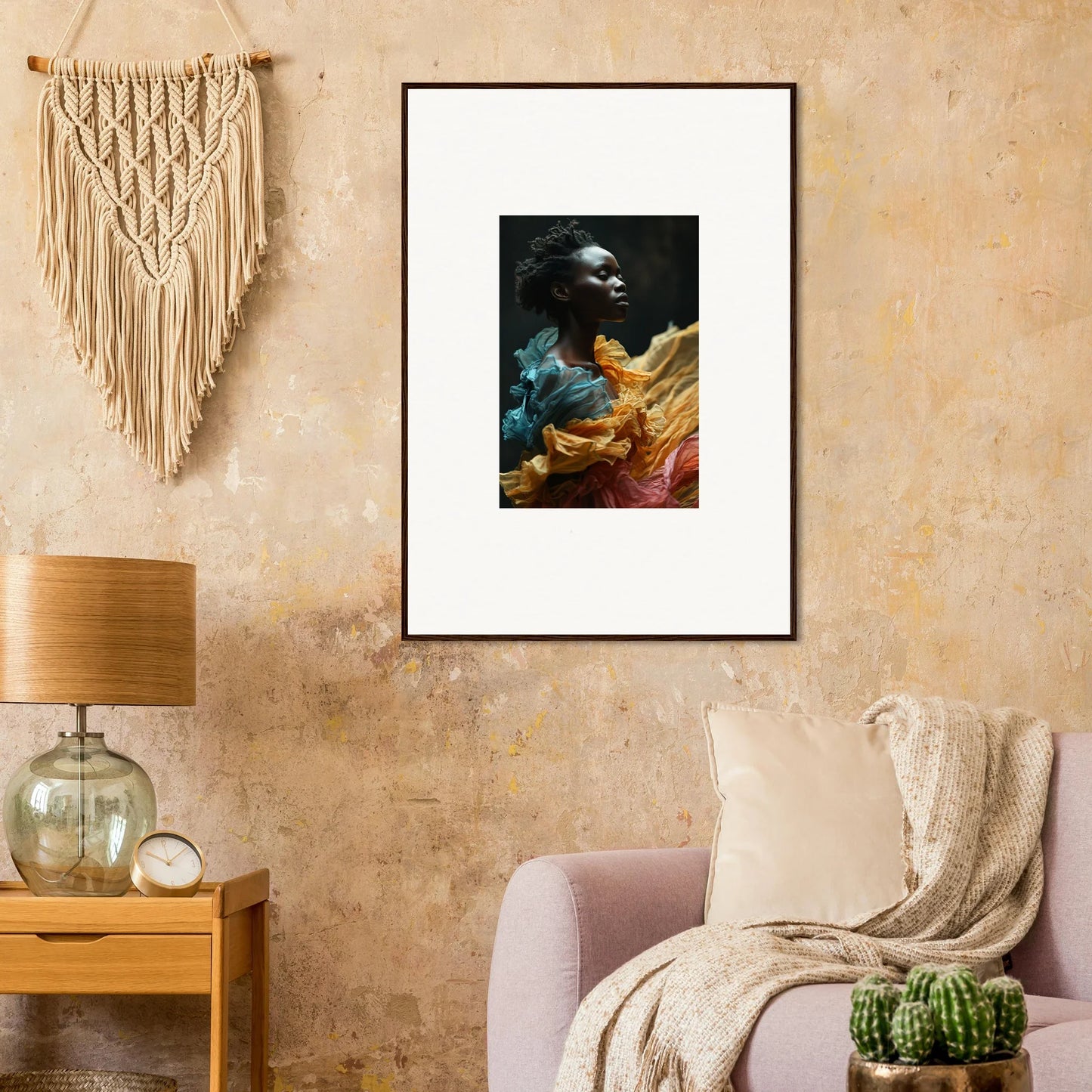 Framed portrait of a person surrounded by colorful, abstract elements.