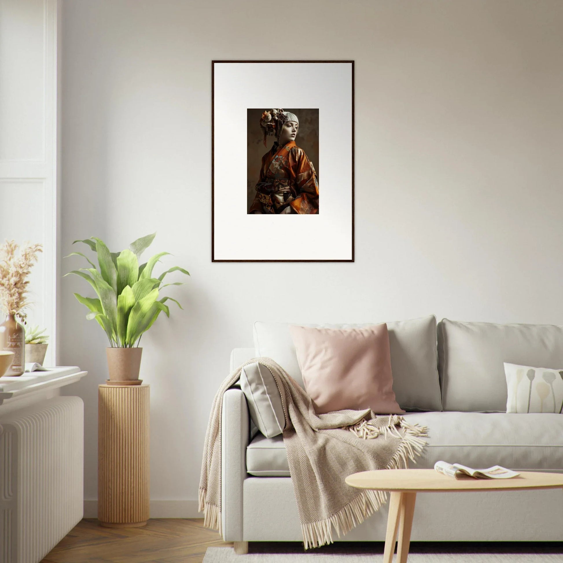 Framed wall art of a person in traditional Japanese attire for room decor, shadows whispering