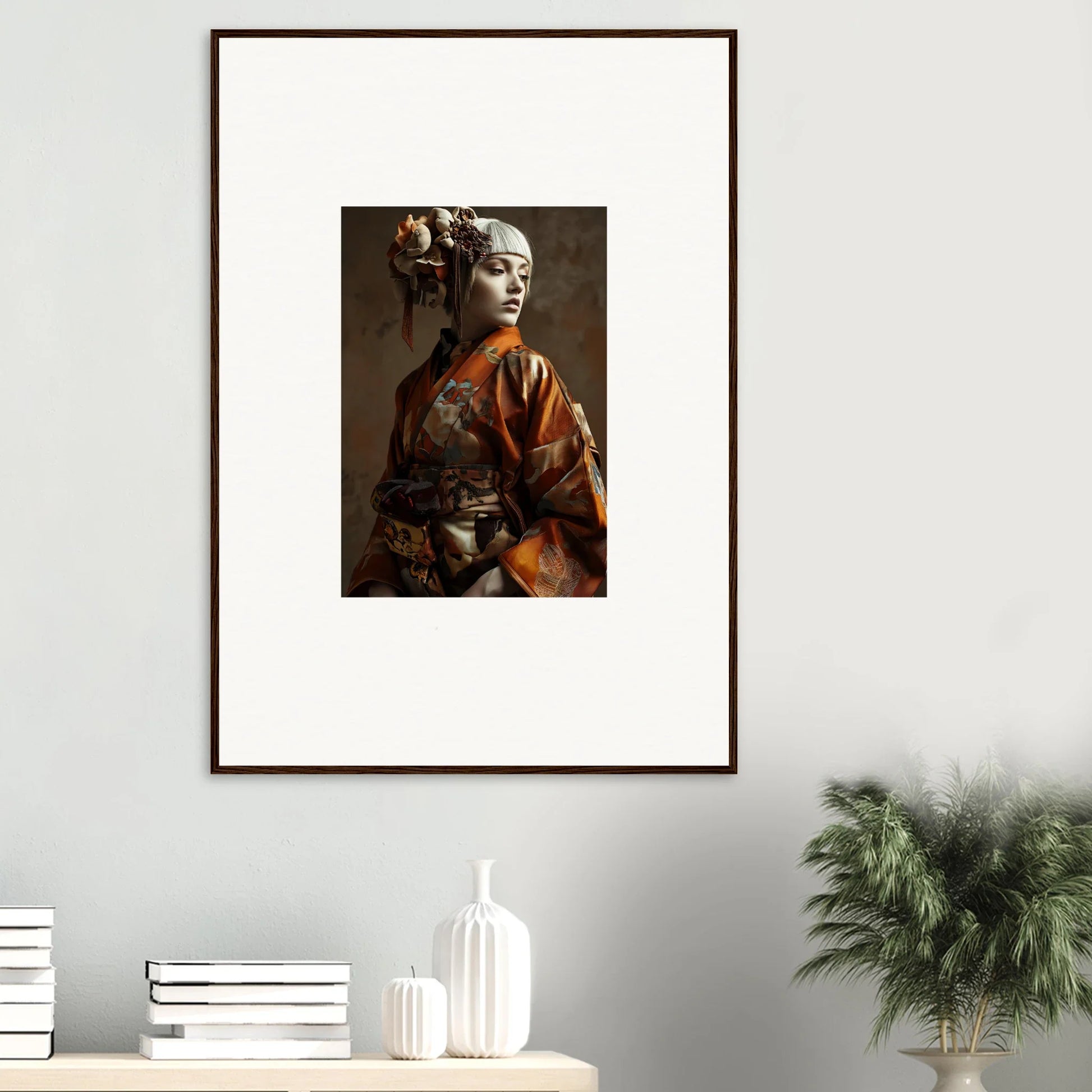 Framed wall art of a person in traditional Japanese geisha attire and makeup