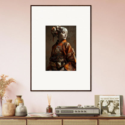 Framed wall art of a person in traditional Asian attire with shadows whispering decor