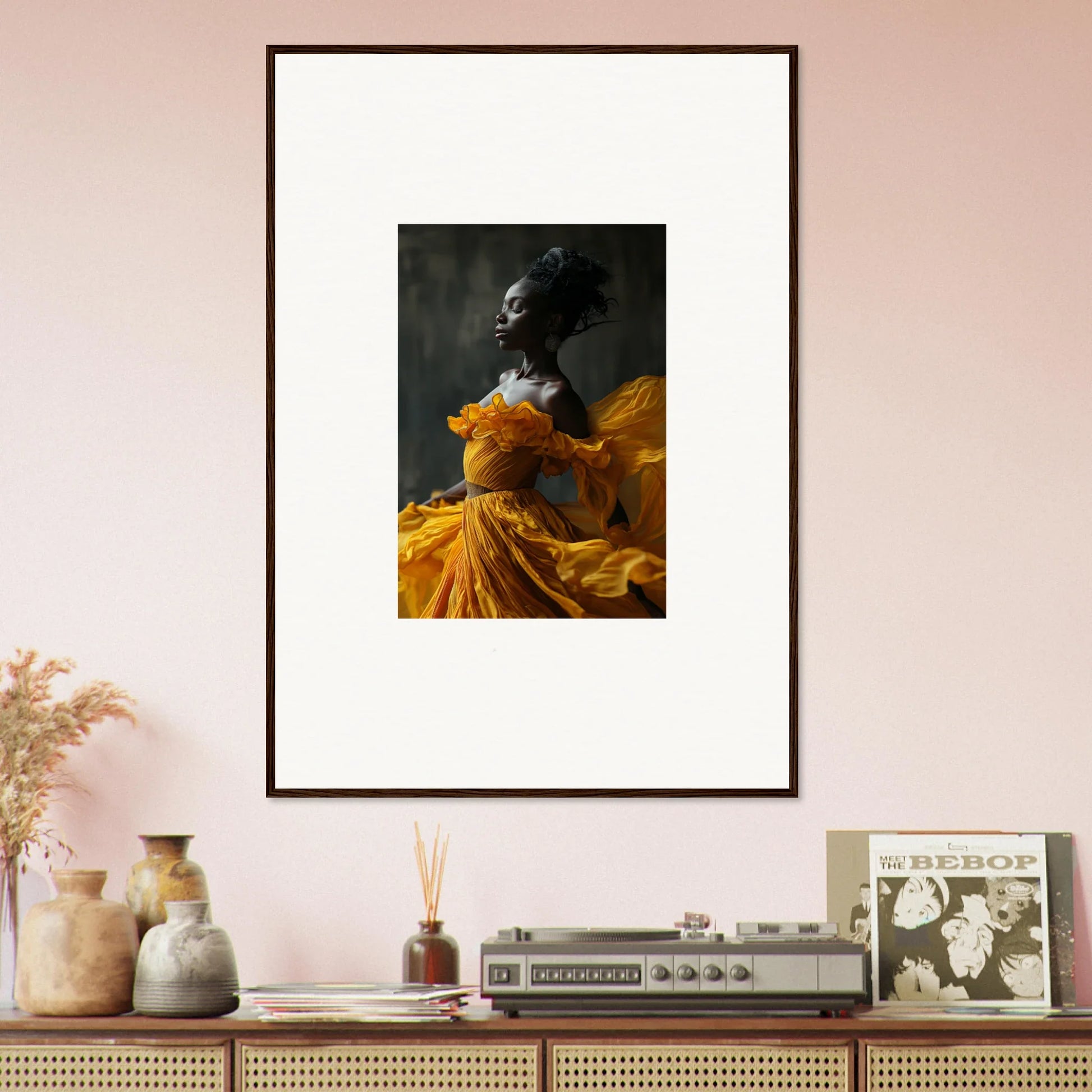 Framed wall art of a person in a yellow dress, perfect for Silence Rapture room decor