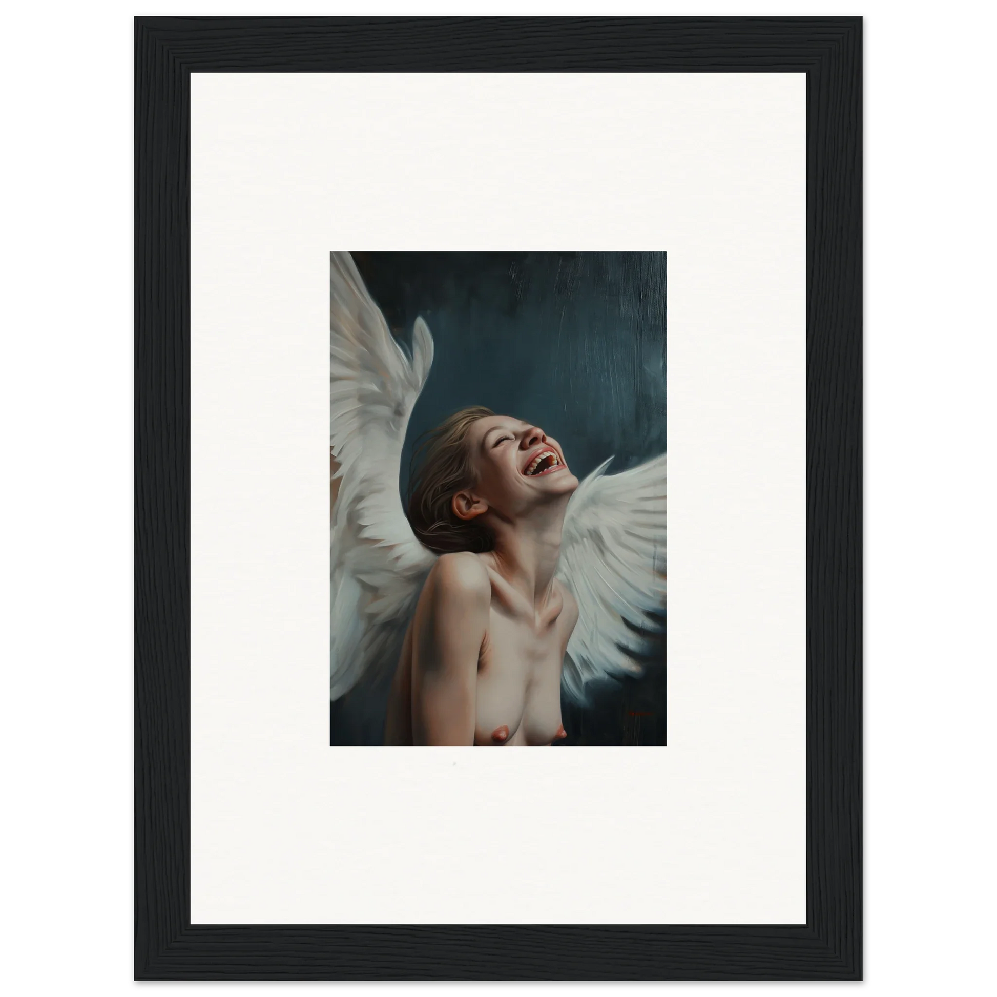 Joyful person with white wings in framed wall art for inspiring room decor