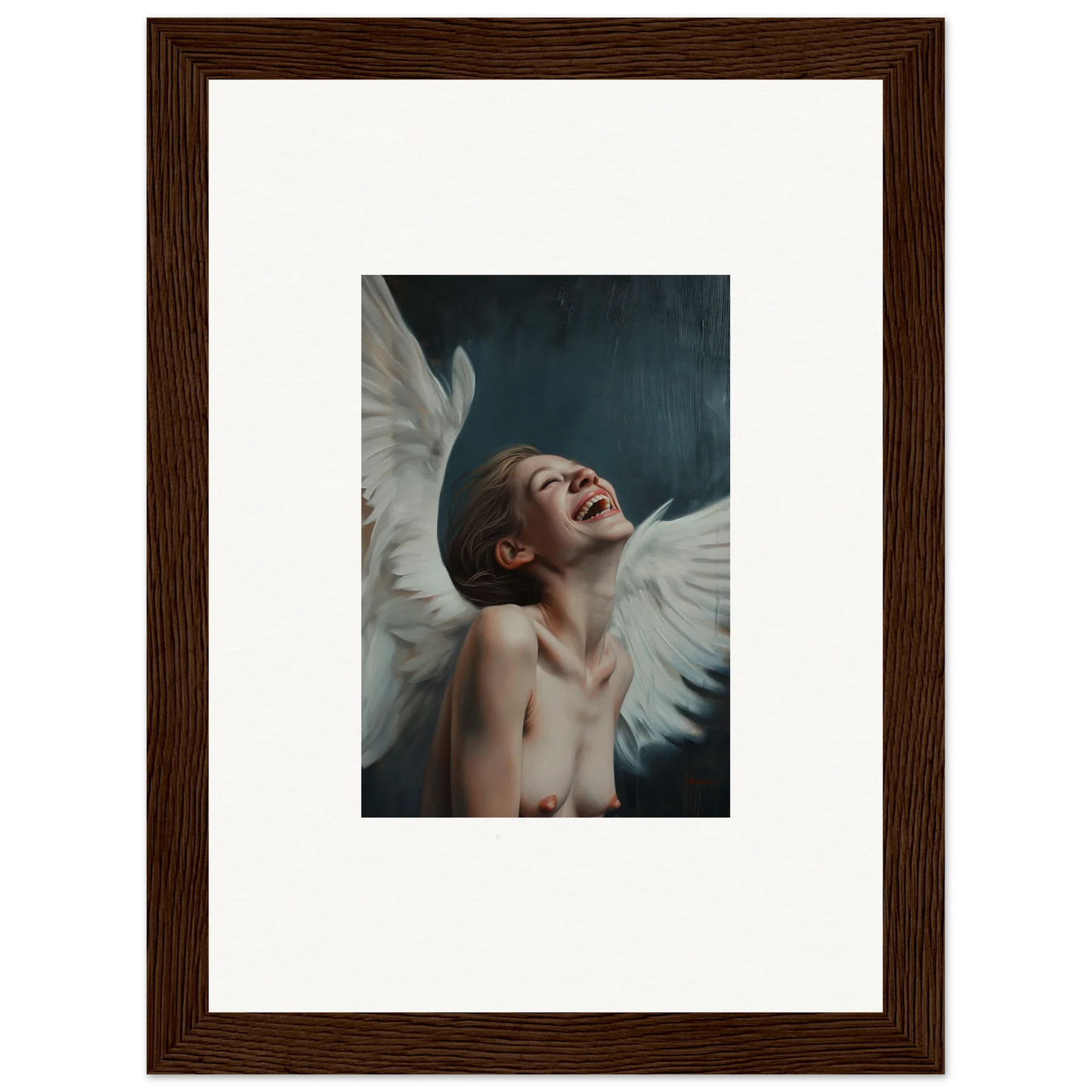 Framed wall art of joyful person with wings for unique room decor in Wing Time theme