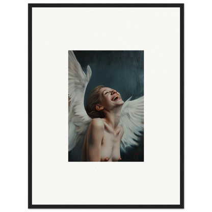 Joyful person with white wings in framed wall art for vibrant room decor, Wing Time