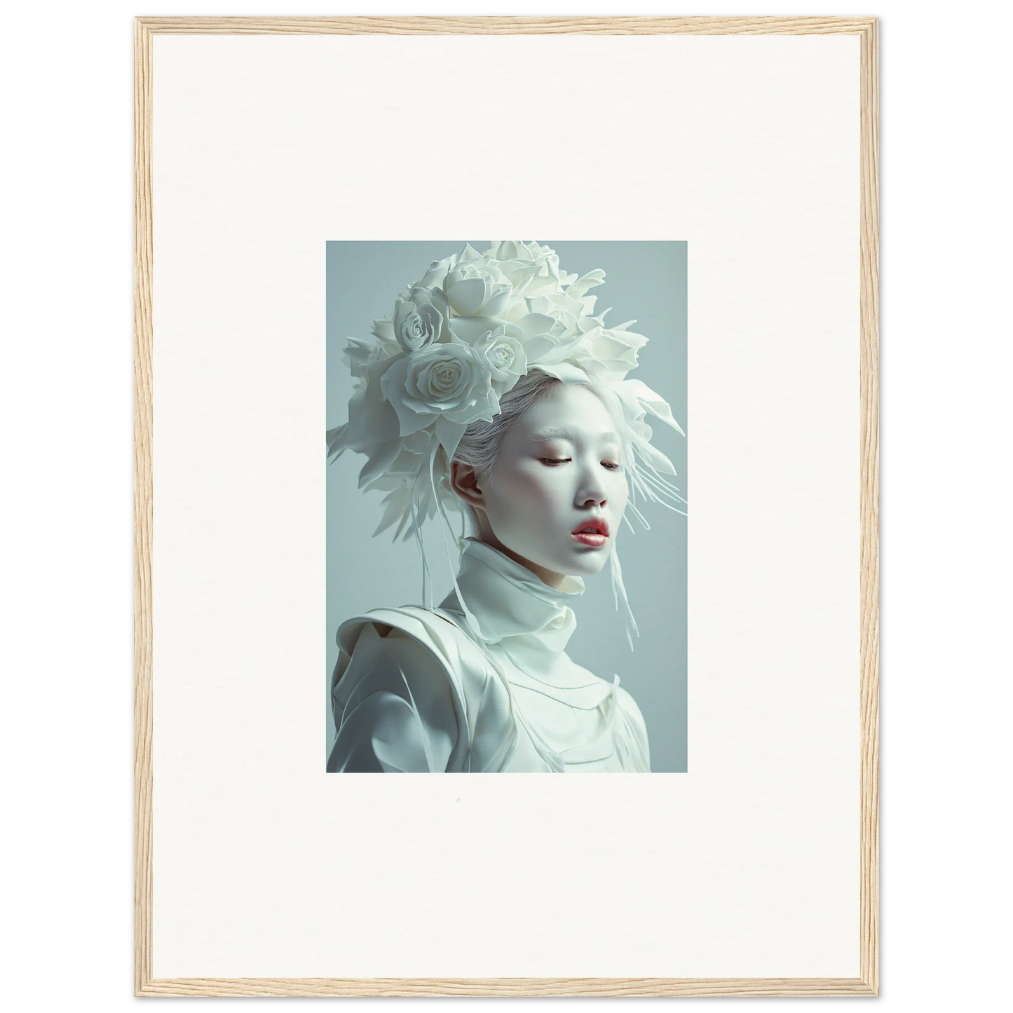 Framed wall art of a white-haired person in avant-garde style as a florid creature