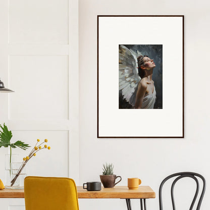 Framed wall art of a person with white wings in a light orchard setting