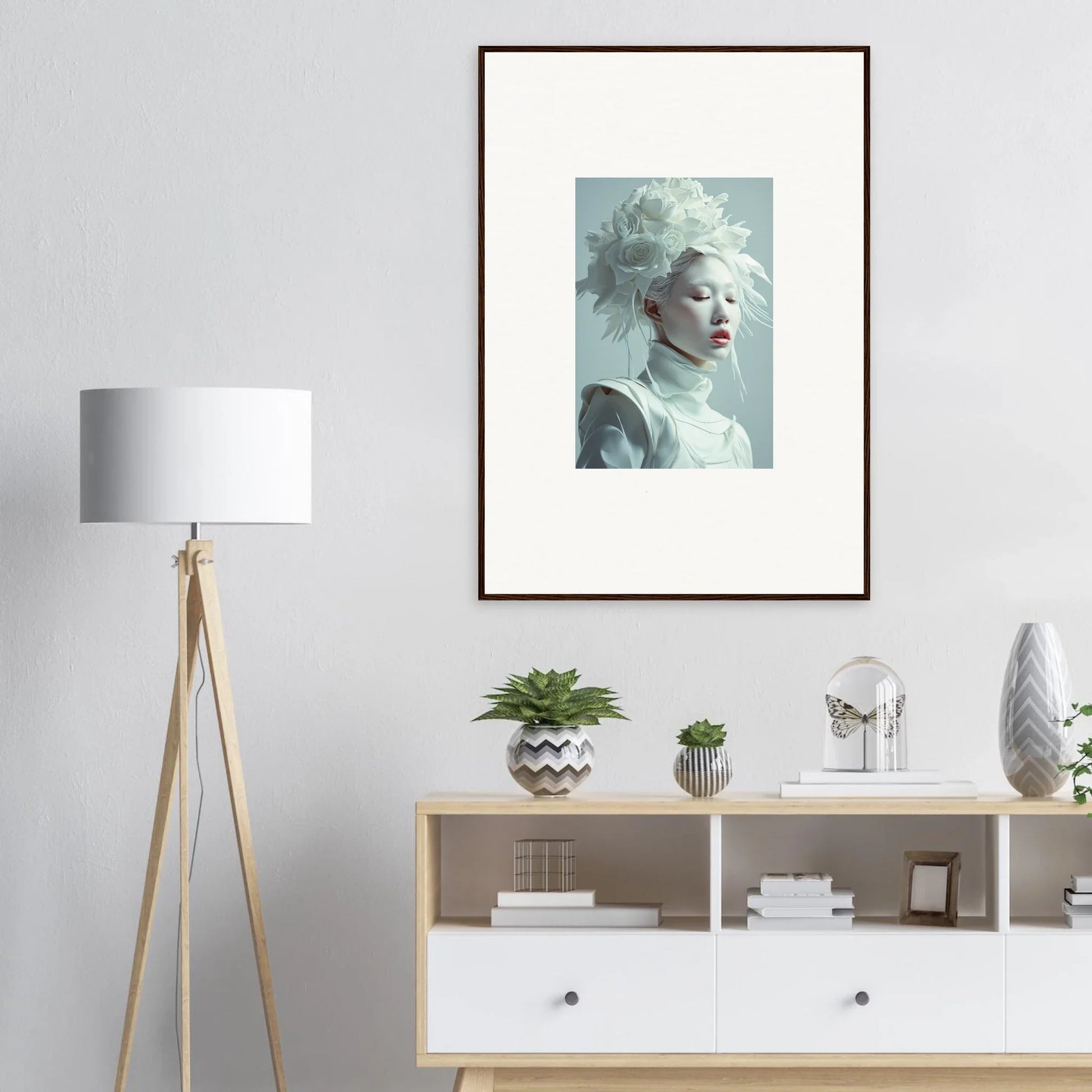 Framed wall art of a florid creature with striking white hair for stylish room decor