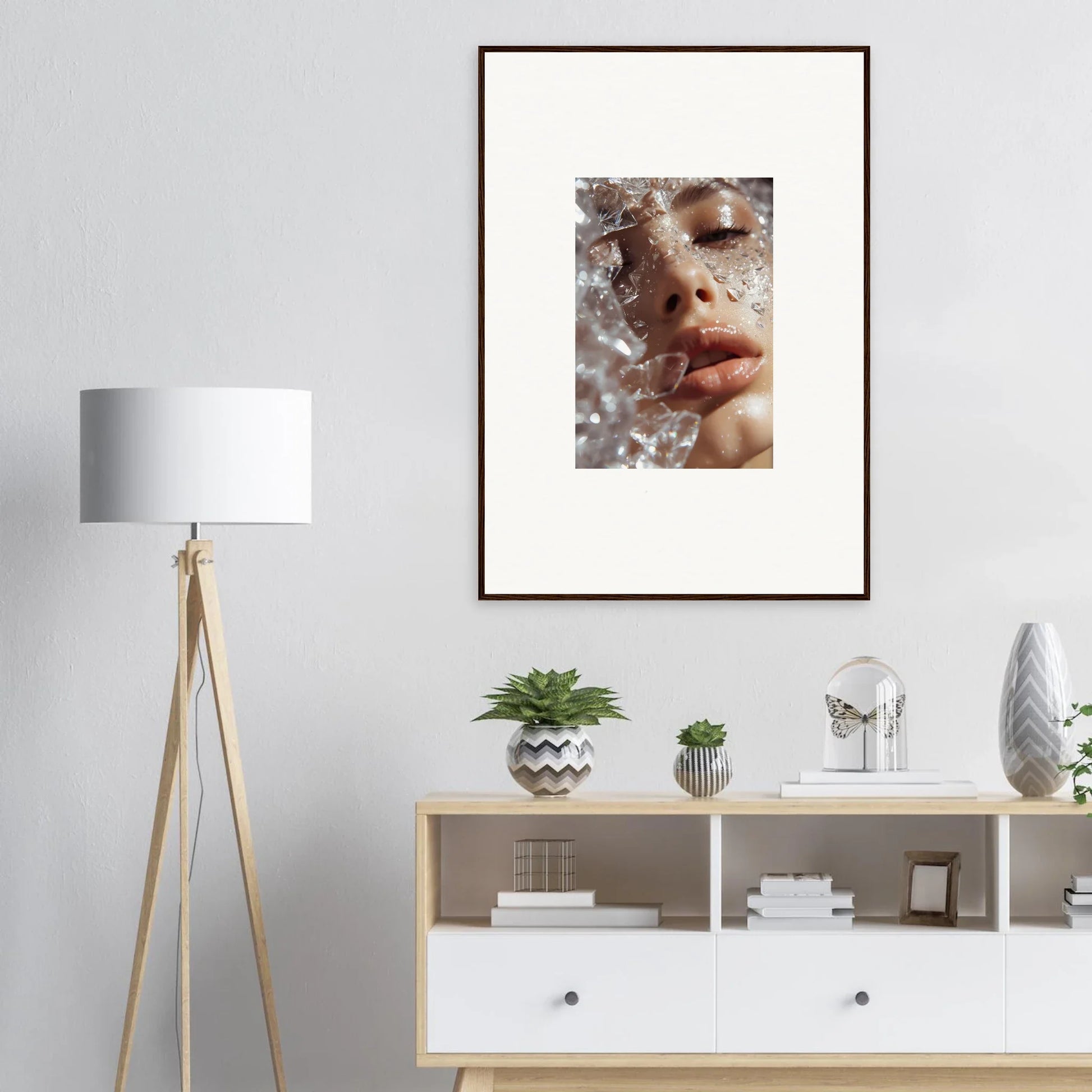 Framed wall art featuring shimmering lips from Crystal Whispering Dreamer for room decor