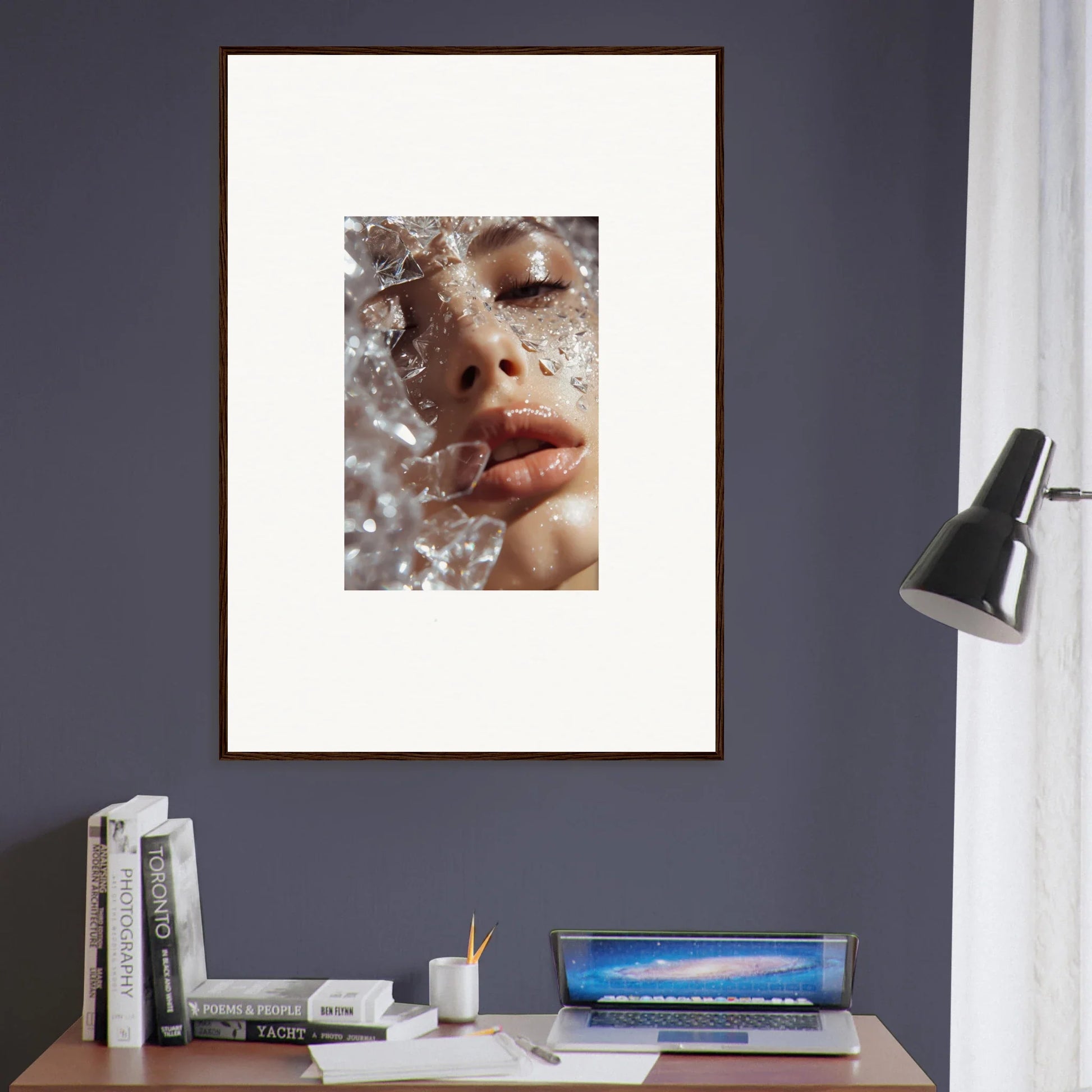 Framed wall art of a face veiled by water droplets, perfect for whispering dreamer room decor