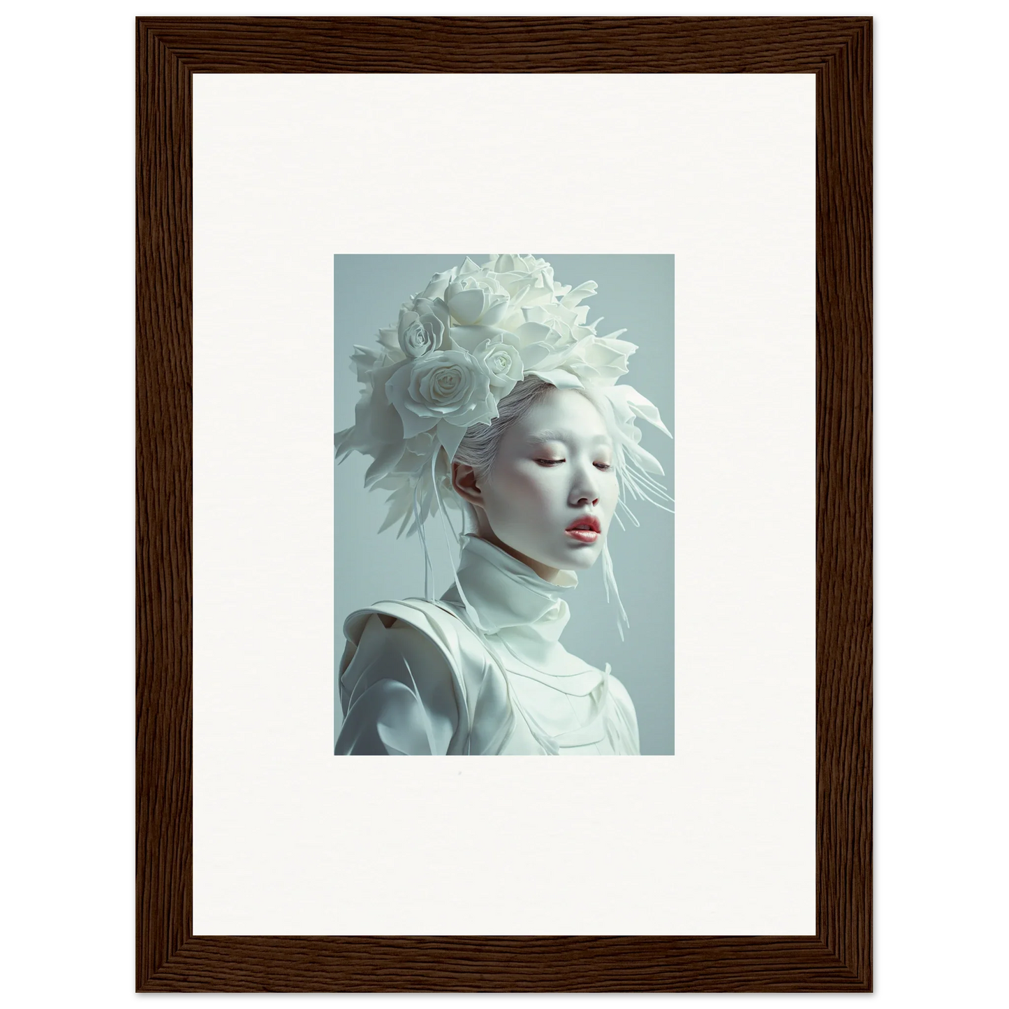 Framed portrait of a pale-skinned person as florid creature wall art for room decor