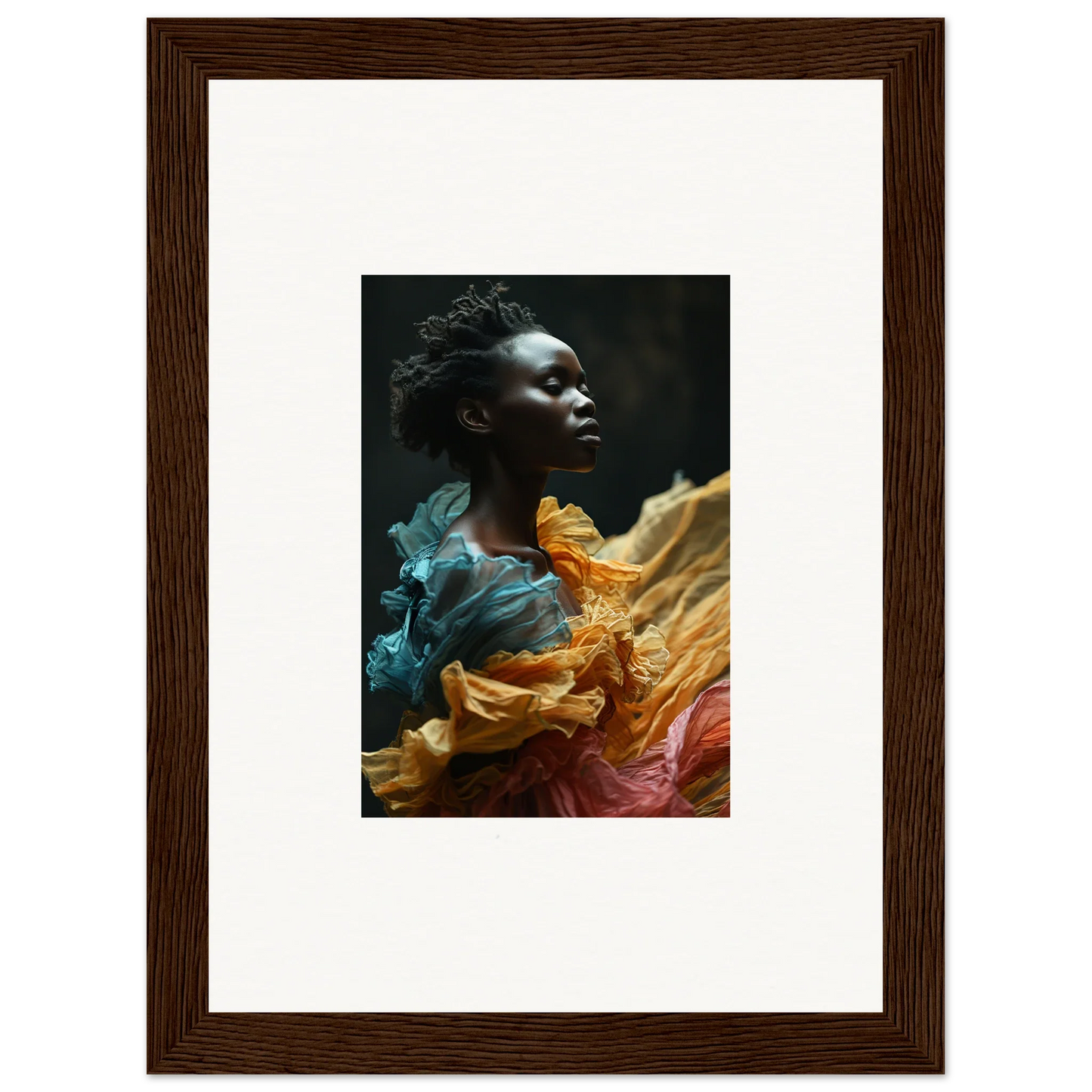 Framed portrait photograph of a person surrounded by colorful, flowing fabric.