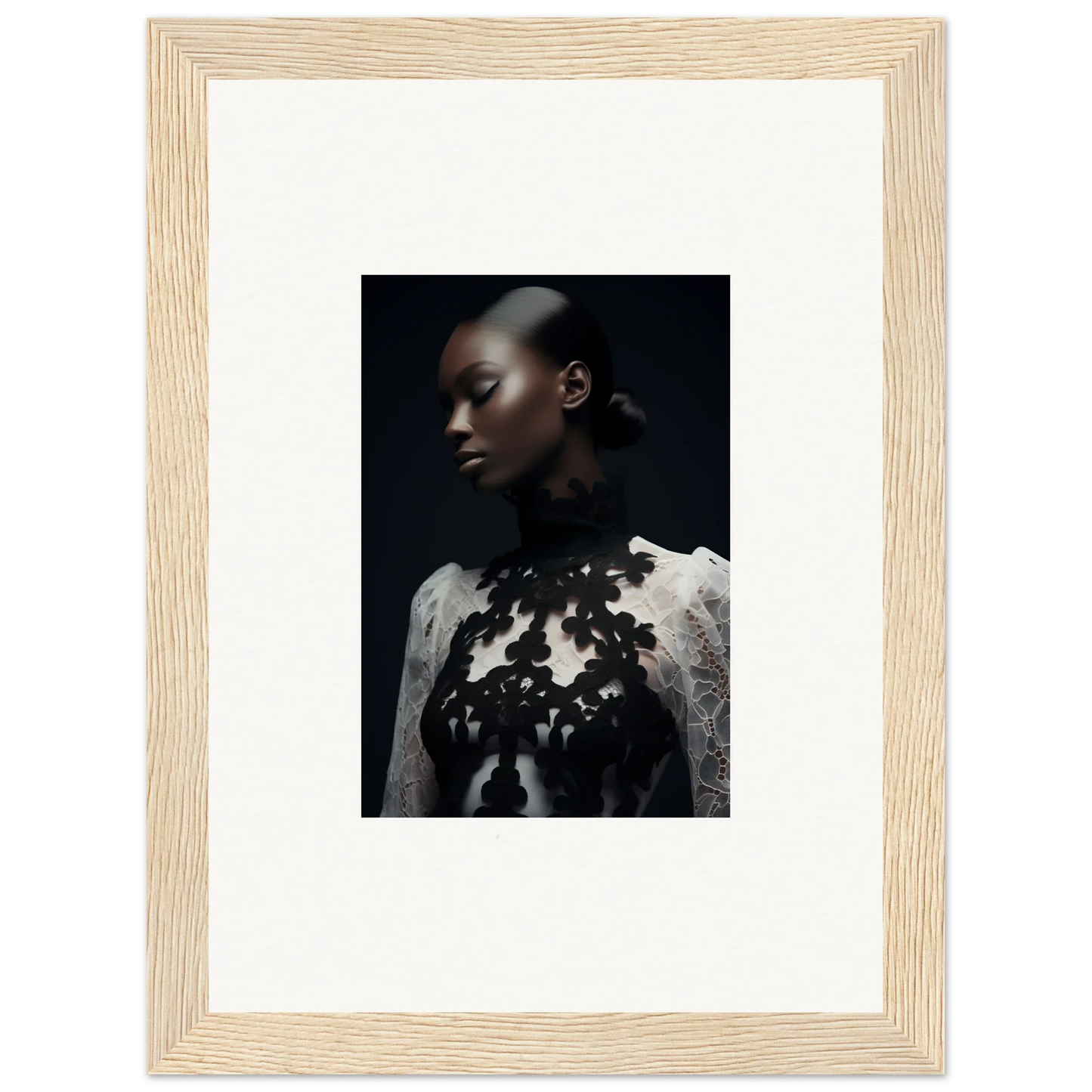 Framed wall art featuring a person in a white top with dark floral embellishments