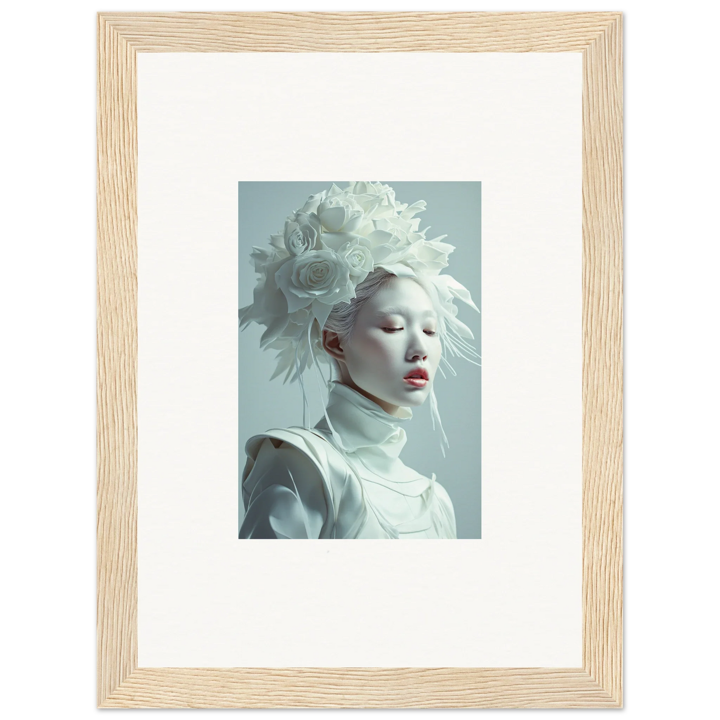 Framed wall art of a florid creature with pale skin and an elaborate white headdress