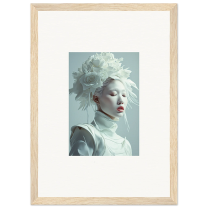 Framed wall art of a pale-skinned person in a white headdress, a stunning florid creature