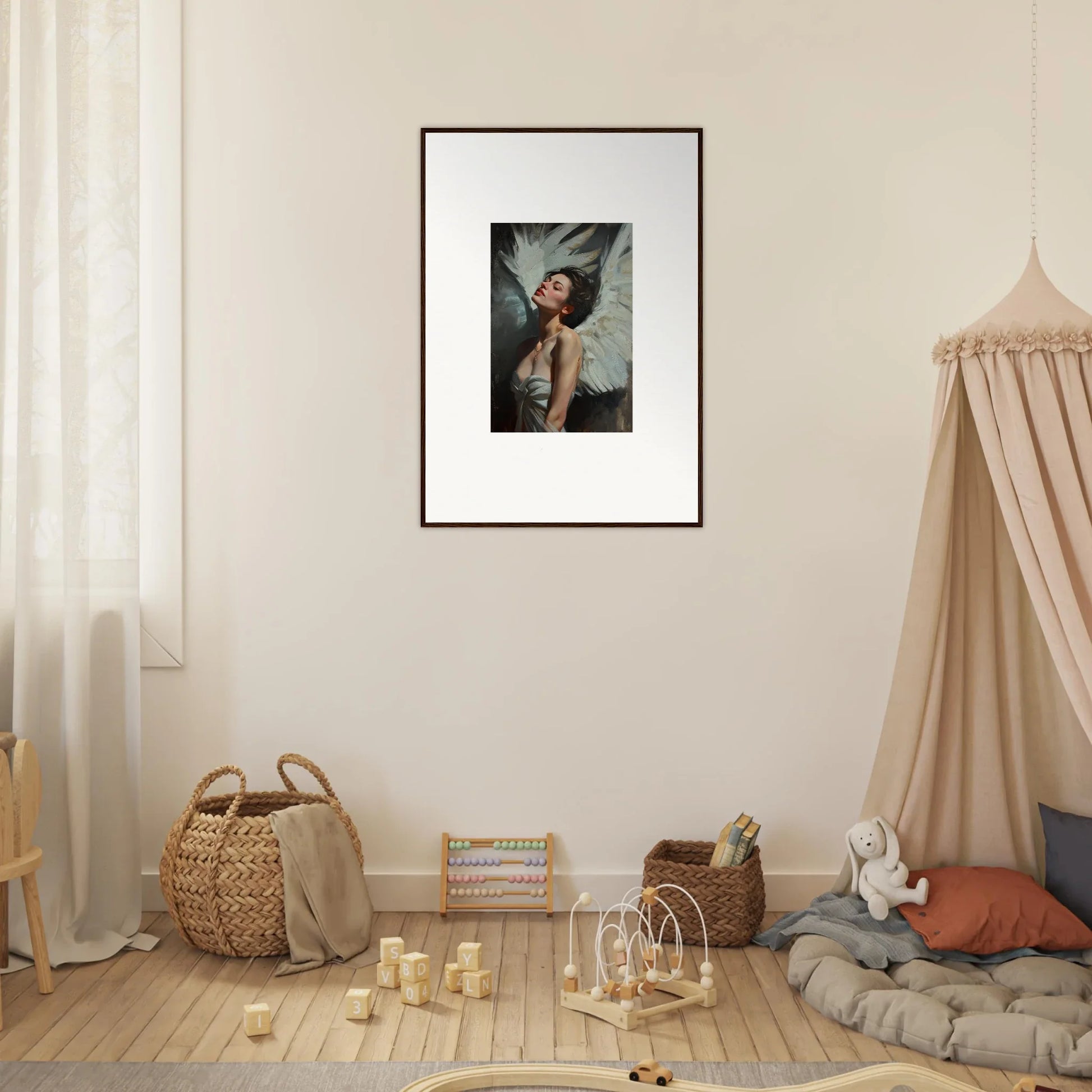 Framed wall art of a person with wings showcasing feathered elegance against dark background