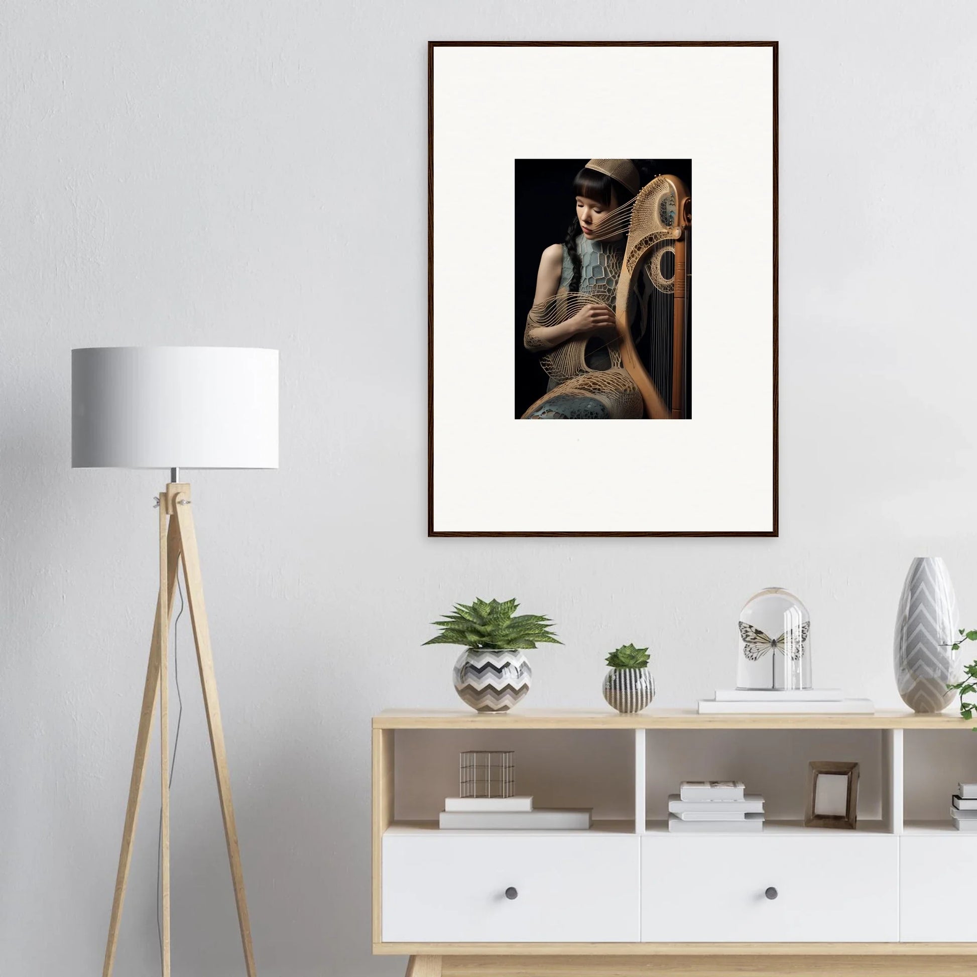 Framed wall art featuring a person with a harp-like instrument in Velvet Fantasia